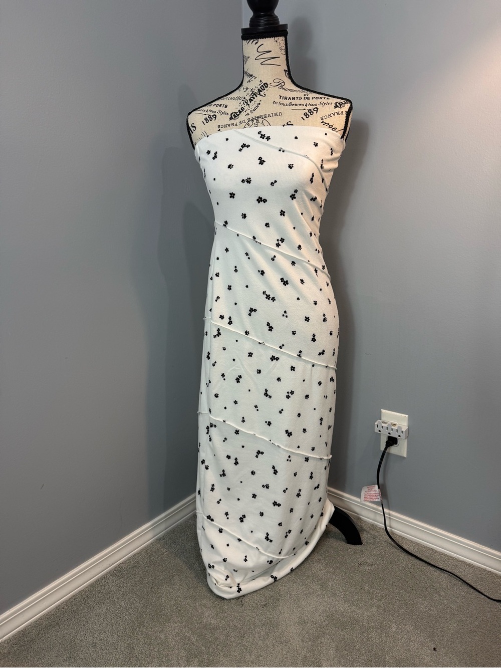 Lulu's White Strapless Maxi Dress with Black Dot Floral Print